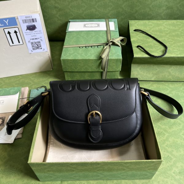 Gucci Logo Embossed Leather Shoulder Bag in Black