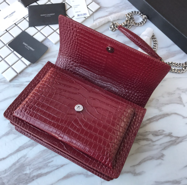 YSL Yves Small Crocodile Handbag - Maroon - Image 3