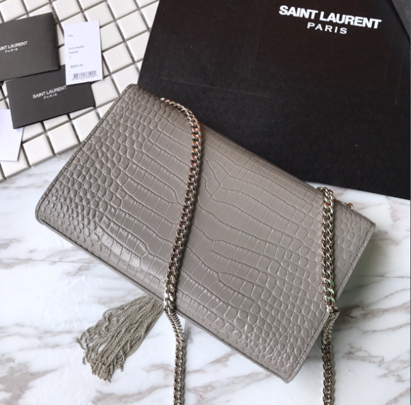 YSL Yves Saint Laurent Small Crocodile Pattern Tassel Bag - Gray - Image 3