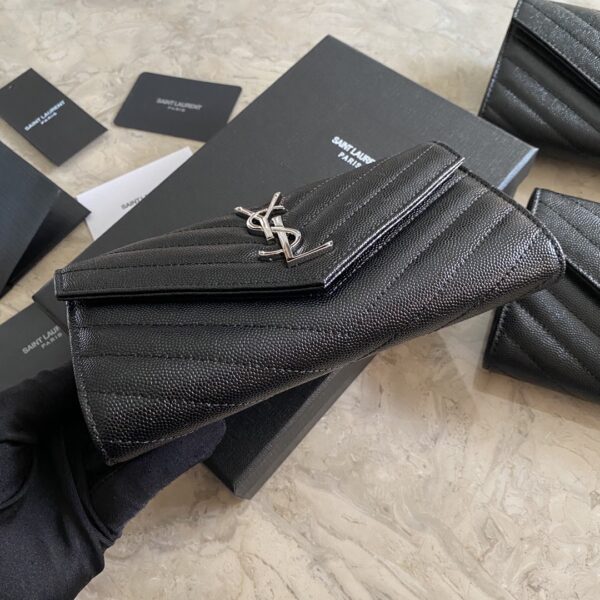 YSL Caviar Wallet Practical One zipper Compartment Bag - Black (Silver) - Image 5