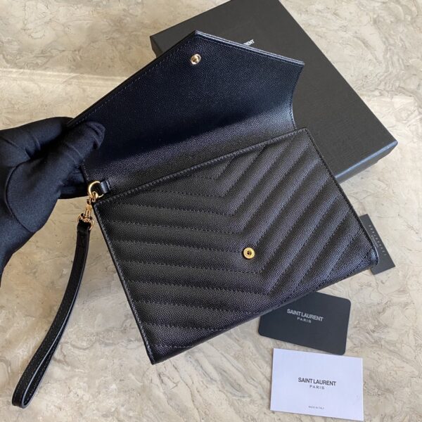 YSL Caviar Clutch With Small Handle - Black (Golden) - Image 3