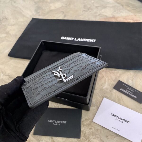 YSL Crocodile Pattern Quilted Card Holder - Black - Image 2