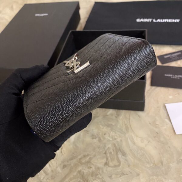 YSL Caviar Zipper Large Capacity Short Wallet - Black (Silver) - Image 5