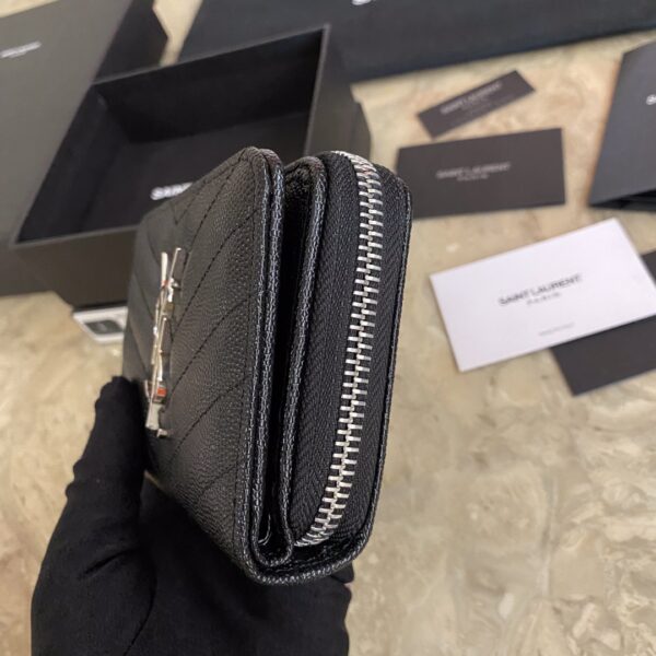 YSL Caviar Zipper Large Capacity Short Wallet - Black (Silver) - Image 4