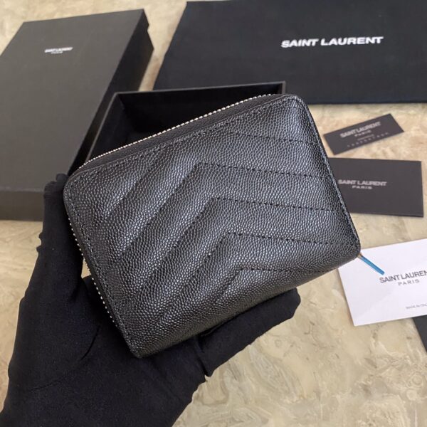 YSL Caviar Zipper Large Capacity Short Wallet - Black (Silver) - Image 3