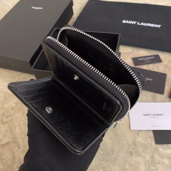 YSL Caviar Zipper Large Capacity Short Wallet - Black (Silver) - Image 2